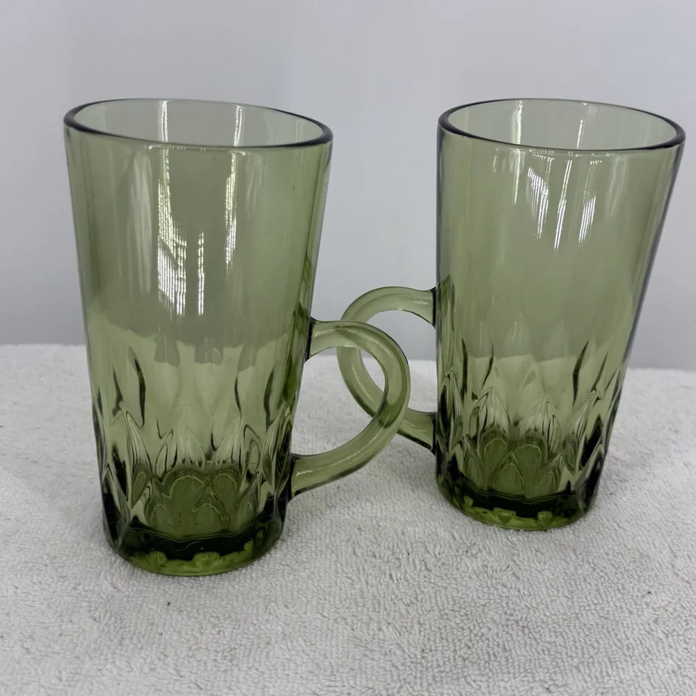 Vtg MCM Green Glass Tumbler With Handle Anchor Hocking Diamond Facet 5.5